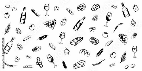A black and white doodle pattern featuring wine cheese and various food items