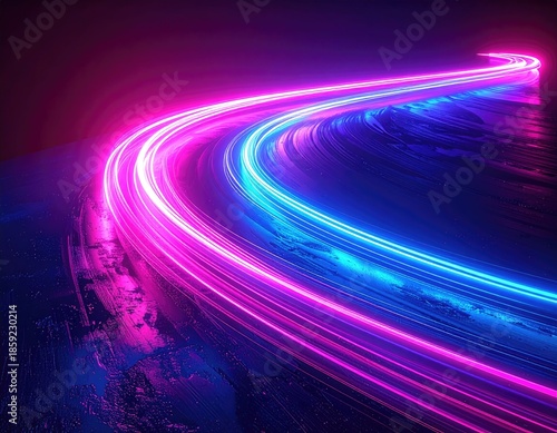Glowing pink/blue light trails curve dynamically in the dark