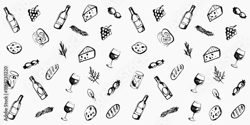 A delightful sketch pattern featuring wine cheese grapes and other delicacies
