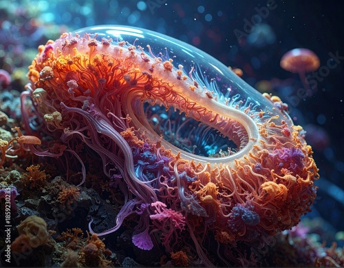 Abstract, glowing, coral-like, jellyfish form