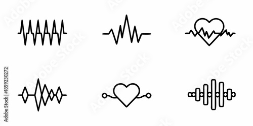 Simple black and white line icons depicting heartbeats and sound waves