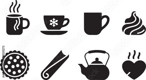 Black silhouette icons featuring coffee cup, tea mug, chocolate cup, dessert, pie, cinnamon stick, teapot, and steamy heart.