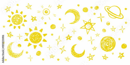 Whimsical yellow celestial doodles suns moons stars and planets on white background