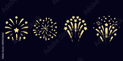 Golden firework displays illuminate a dark night sky with sparkling trails