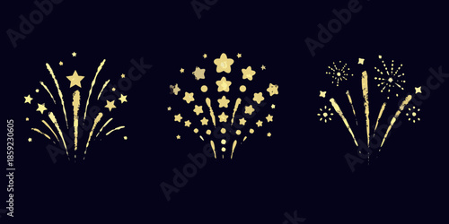 Golden firework bursts and sparkles against a dark solid background