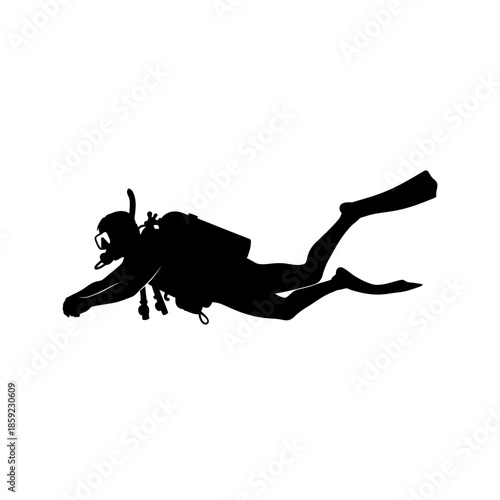 Silhouette of a scuba diver swimming underwater depicted in a black and white style