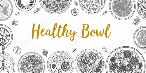 A collection of healthy food bowls with various ingredients and botanical elements