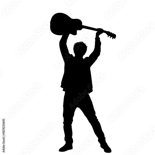 Silhouette of a person triumphantly raising a guitar overhead
