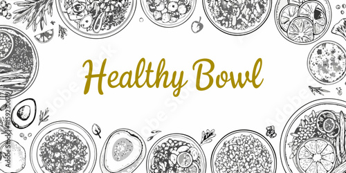 A collection of detailed sketched healthy food bowls and ingredients presented artistically