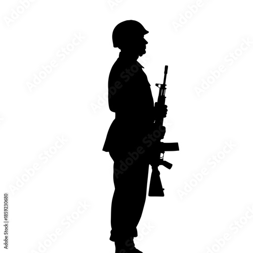 Silhouette of a soldier standing guard with a rifle isolated on white