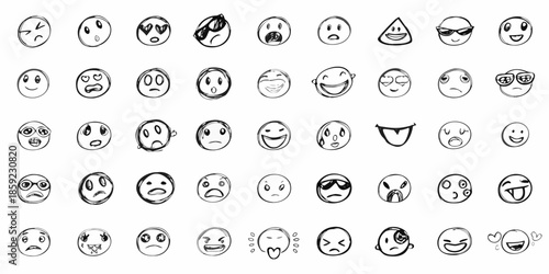 Collection of hand drawn black and white smiley faces with diverse expressions