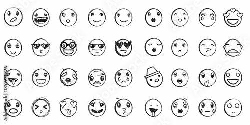 Collection of hand drawn black and white smiley faces with various expressions