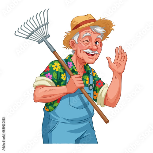 Smiling gardener with a rake and straw hat waving cheerfully at the viewer