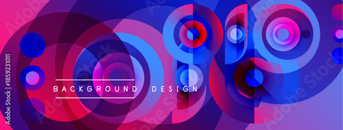 Abstract vibrant design. Overlapping circles create dynamic colorful composition. Pink, blue, purple hues dominate visual space. Modern aesthetic.