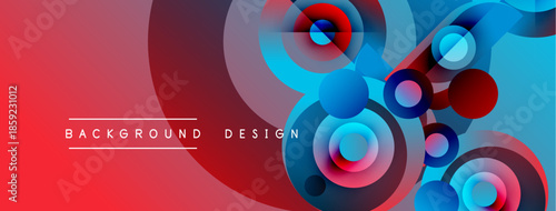 Abstract colorful design features overlapping circles, gradients. Red dominates left side, blue right. Modern aesthetic, dynamic composition.