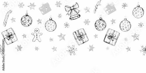 A festive arrangement of sketched christmas ornaments gifts and winter decorations
