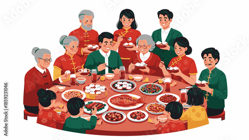Family gathered around a table sharing dinner and red envelopes during Chinese New Year 2026 with a fire horse decoration