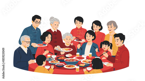 Family sharing a festive dinner with red envelopes on Chinese New Year 2026, surrounded by a fire horse decoration in a warm and joyful atmosphere.