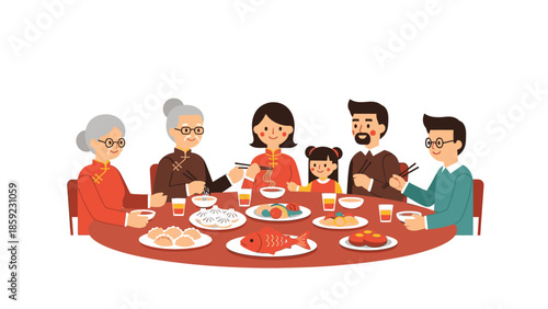 A diverse family sharing a festive dinner with red envelopes on a table filled with food during Chinese New Year 2026 celebration.