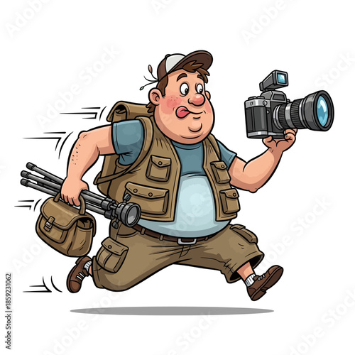 Cartoon photographer running with equipment capturing the action with a smile