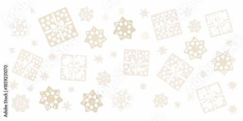 A delicate background of golden gift boxes and sparkling snowflake designs