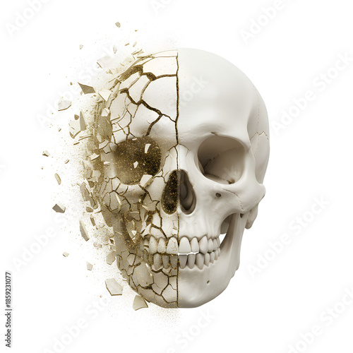 Human Skull Shattering and Exploding into Bone Fragments and Dust