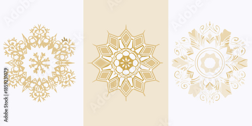 Three golden ornamental designs arranged vertically on a neutral background