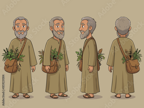 Biblical character illustration with multiple views.