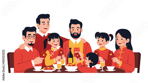 A family of seven people wearing traditional red clothes sharing a dinner with red envelopes on Chinese New Year 2026 in a warm and joyful atmosphere with a fire horse decoration.