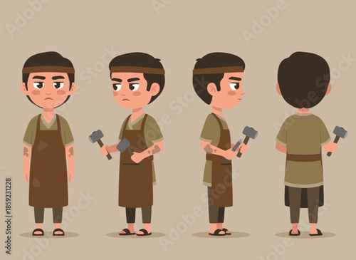 Blacksmith Boy Character Design Front Side Back View.