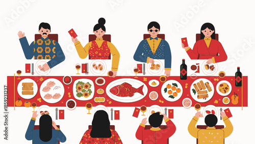 Flat illustration of a family sharing a traditional Chinese dinner with red envelopes on Chinese New Year 2026, conveying a joyful mood with vibrant colors.