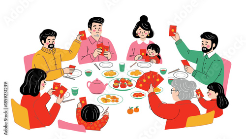 A family shares a festive dinner together, exchanging red envelopes and celebrating Chinese New Year 2026 with a fire horse decoration on the table.