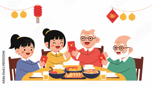 A cartoon family sharing red envelopes and enjoying dinner together during Chinese New Year 2026 with a cheerful atmosphere.