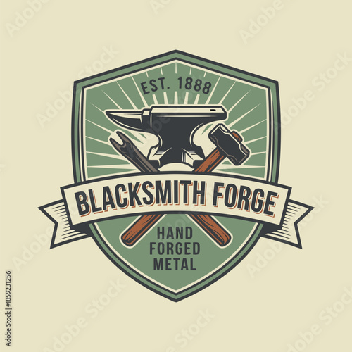 Blacksmith Forge Vintage Emblem with Anvil and Tools.