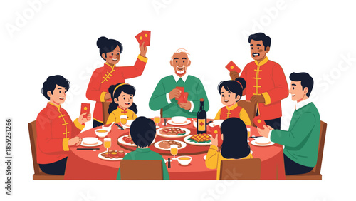 Family sharing a festive dinner and red envelopes during Chinese New Year 2026 celebration with a cheerful atmosphere