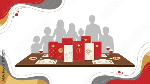 Flat lay of a dinner table with red envelopes and food, symbolizing a family sharing during Chinese New Year 2026, with a silhouette of family members in the background.