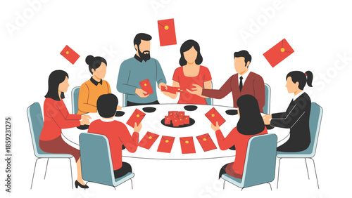 Family sharing red envelopes around a dinner table with a fire horse decoration celebrating Chinese New Year 2026 in a warm and festive mood with traditional food.