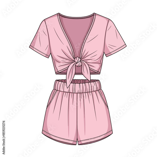 Pink two piece outfit with a v neck top and high waisted shorts design
