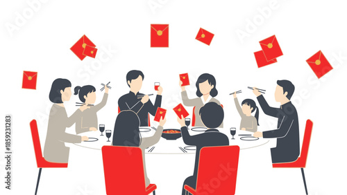 Family sharing red envelopes and enjoying a dinner together, celebrating Chinese New Year 2026 with a fire horse theme, in a warm and festive atmosphere.