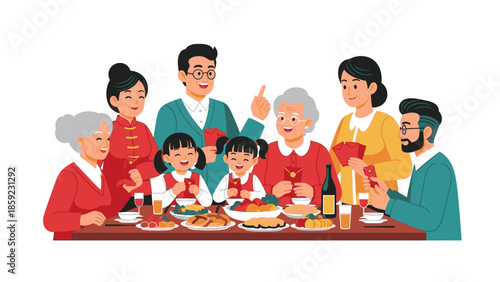 Family sharing red envelopes and celebrating Chinese New Year 2026 with a fire horse decoration during a festive meal together.