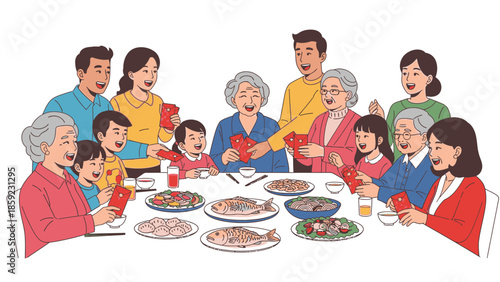 A diverse family sharing a meal and red envelopes during a festive Chinese New Year 2026 celebration with a fire horse decoration.