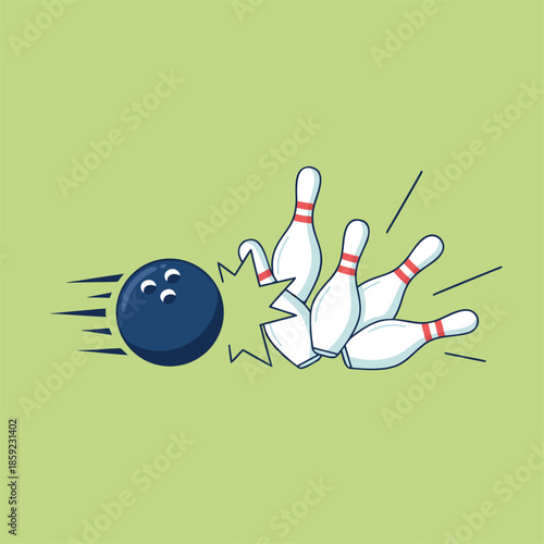 Bowling ball hitting pins, action shot.