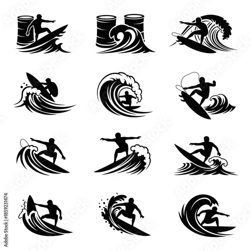 Black and white illustrations depicting surfers riding ocean waves in various styles