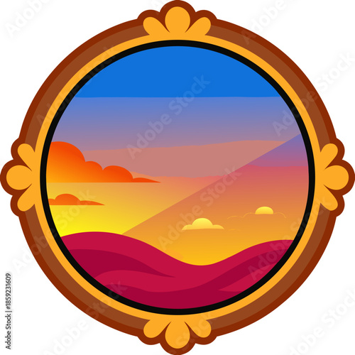 An ornate circular frame with decorative gold accents encases a picturesque stylized landscape depicting a vibrant sunset or sunrise over rolling hills and scattered clouds.