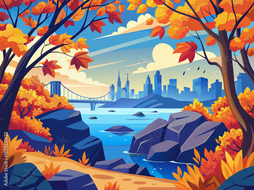 A picturesque autumn cityscape is framed by vibrant orange and red foliage, showcasing a modern city skyline with tall buildings and a suspension bridge crossing a wide blue river.