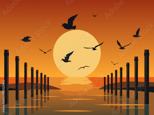 A serene and beautiful sunset or sunrise paints the sky with warm orange hues over calm water, where silhouetted seagulls gracefully fly between rows of dark wooden dock pilings.