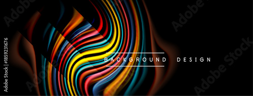 Abstract colorful waves form dynamic design. Bright lines create flowing pattern against dark backdrop. Modern visual element.