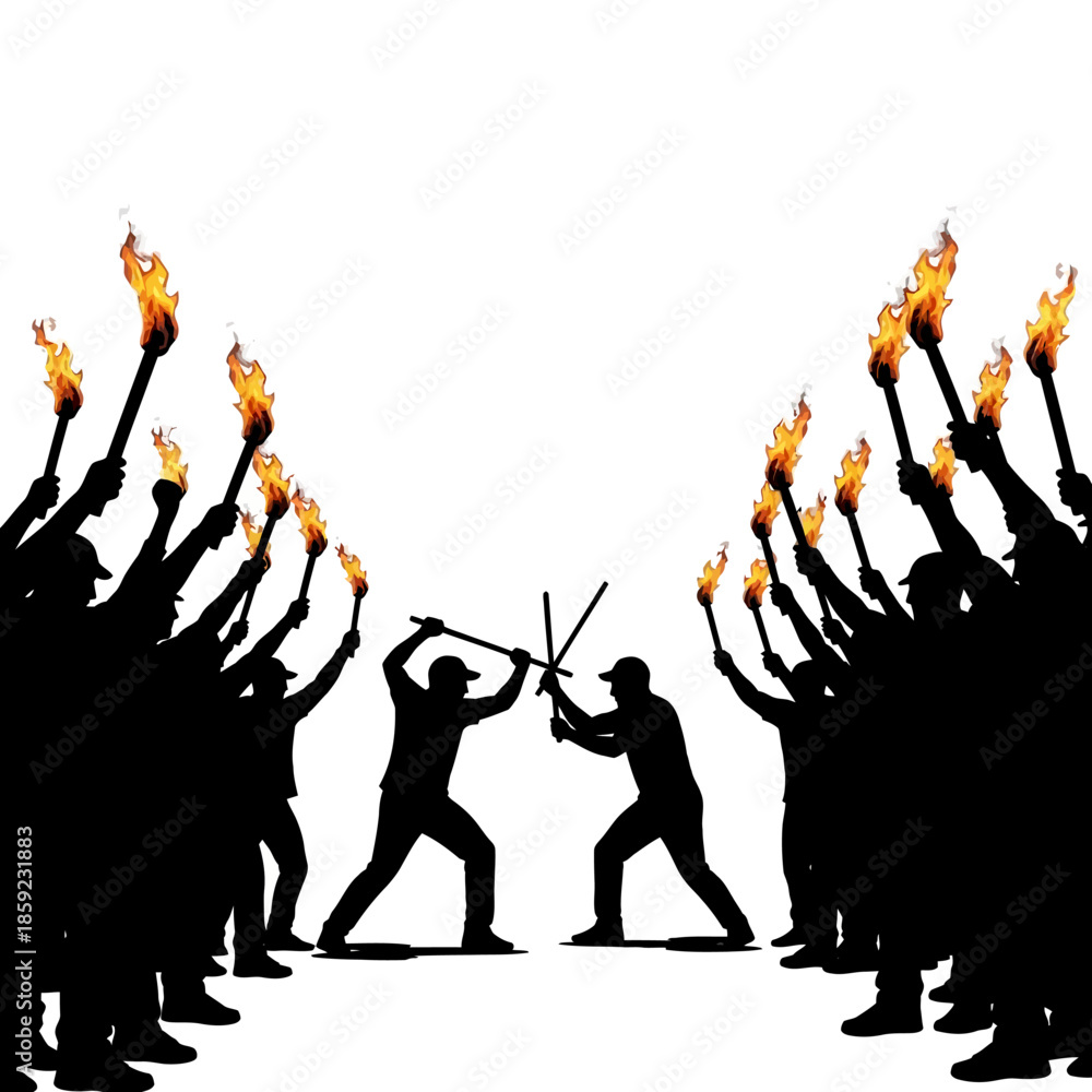 Φωτογραφία Silhouetted figures with torches confront two sword wielding individuals in a dr
