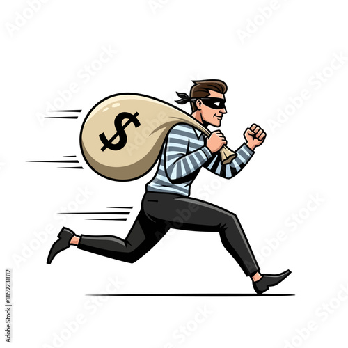 Cartoon thief running with a large bag of money stealing wealth
