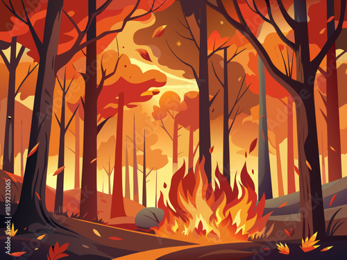 An intense and dramatic illustration depicts a raging forest fire with towering flames and falling embers engulfing a dense woodland of bare, dark trees under a smoky, orange and red sky.